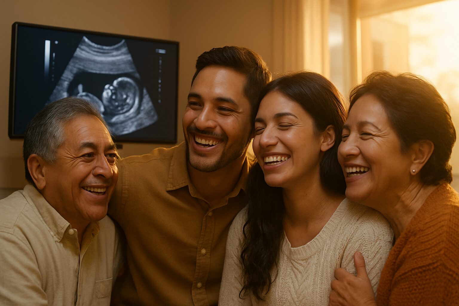 Three generations of a family watching a baby ultrasound together on a big screen