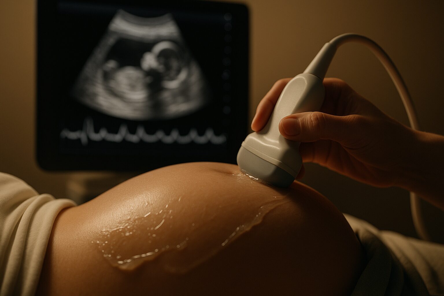 Expecting parents beside a monitor showing their baby's ultrasound and heartbeat