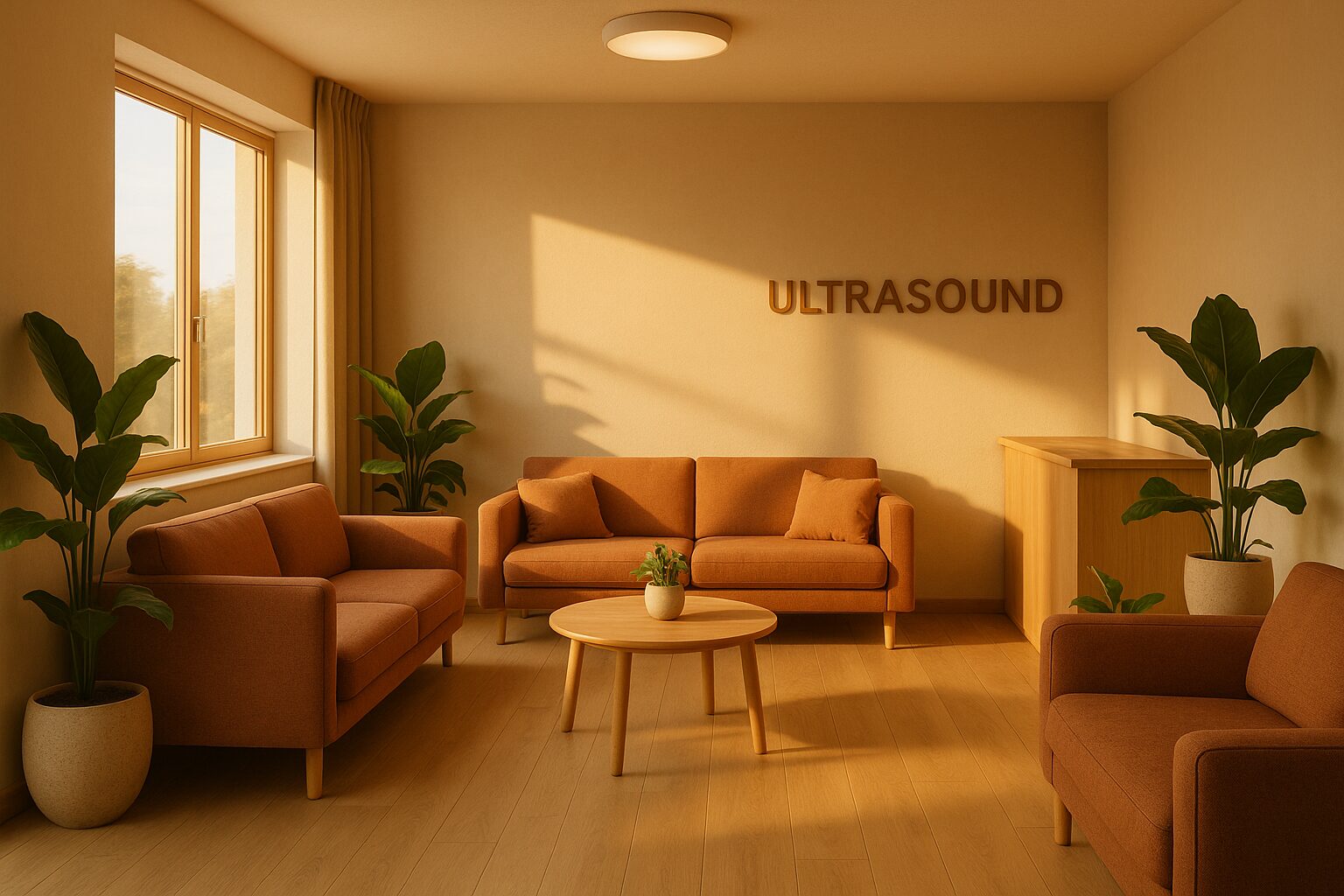 Warm, cozy ultrasound clinic waiting area in soft sunset tones